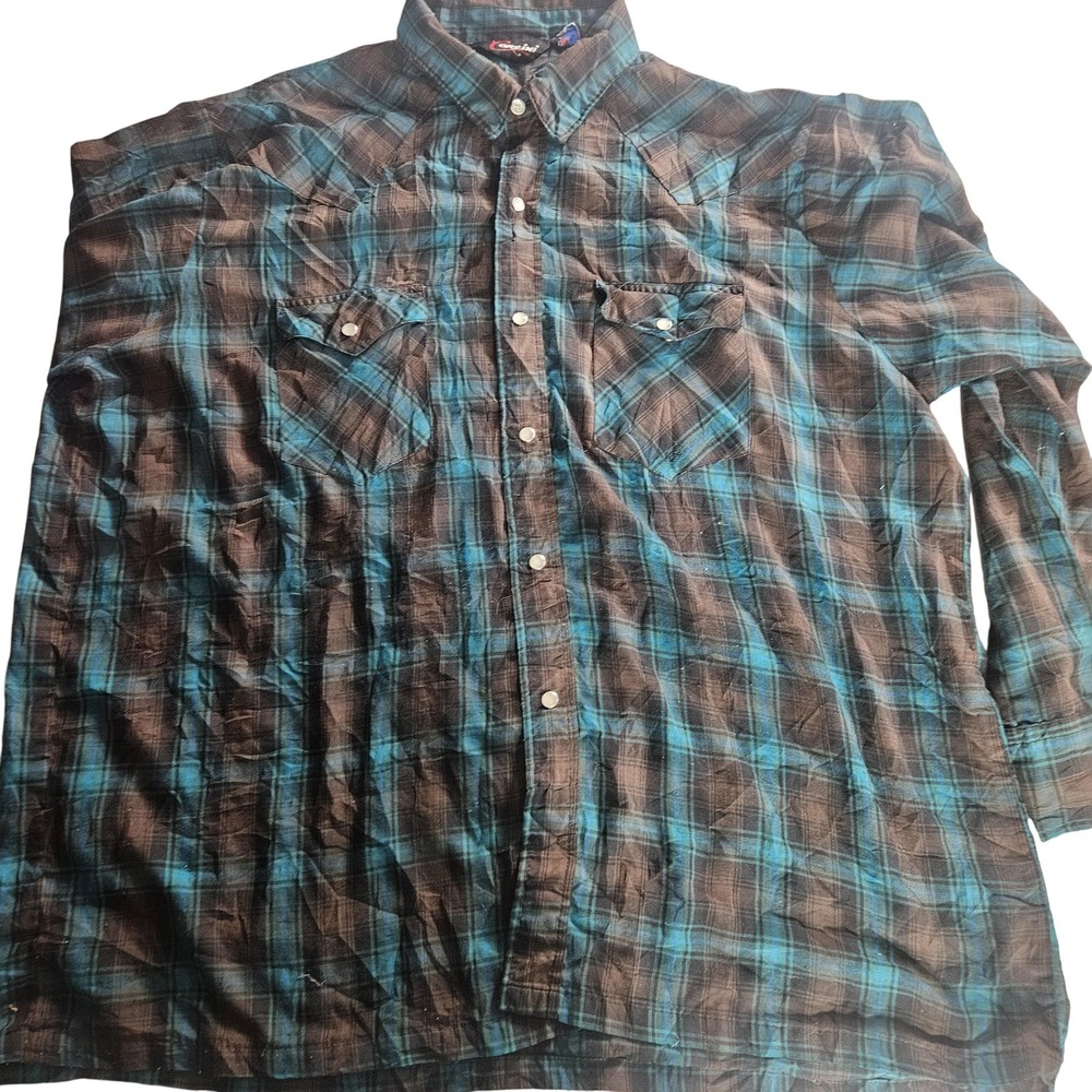 Corzini Shirt Mens 2XL Blue Brown Plaid Western Pearl Snap‎ Made in USA Cowboy